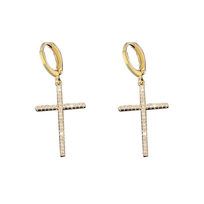 Gold Cross Earrings For Women Featuring Copper Studs And Rhinestone Inlay