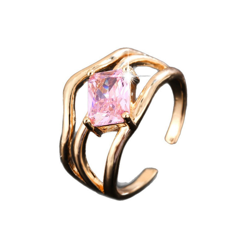 Geometric Open Ring For Women In Gold Copper With Zircon Inlay