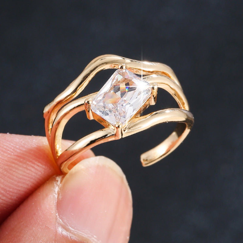 Geometric Open Ring For Women In Gold Copper With Zircon Inlay