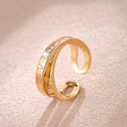 Retro Style Women’s Crossover Open Ring In Copper With Real Gold Plating And Zircon Inlay