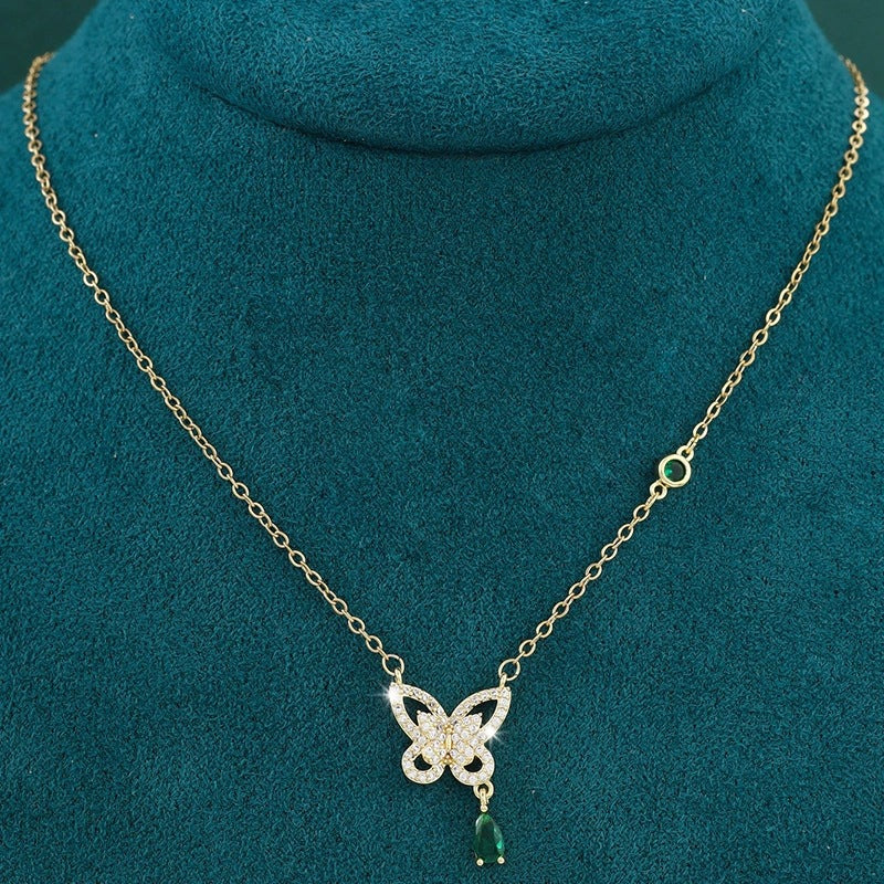 Butterfly Necklace For Women With Copper Pendant And Rhinestone Inlay On Cable Chain