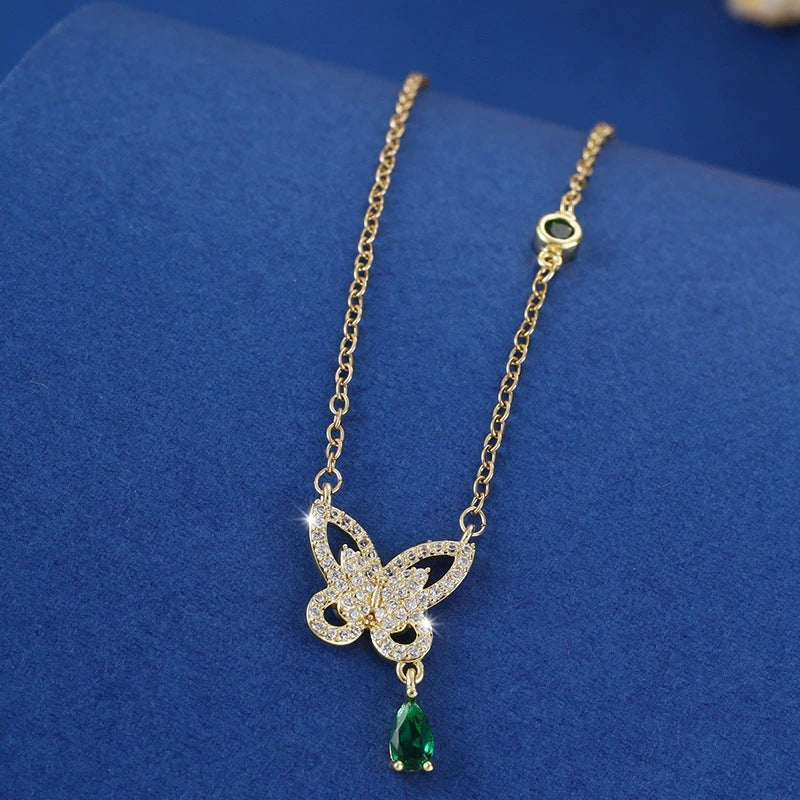 Butterfly Necklace For Women With Copper Pendant And Rhinestone Inlay On Cable Chain