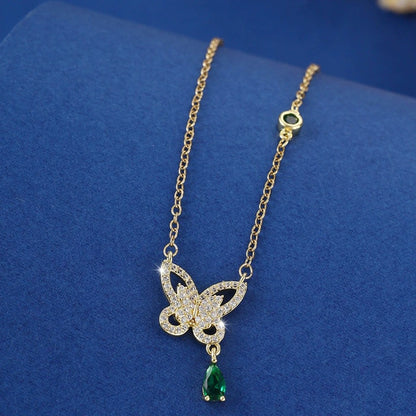 Butterfly Necklace For Women With Copper Pendant And Rhinestone Inlay On Cable Chain