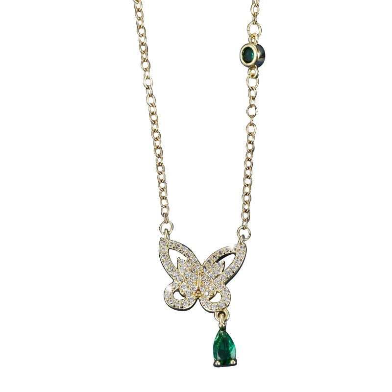 Butterfly Necklace For Women With Copper Pendant And Rhinestone Inlay On Cable Chain