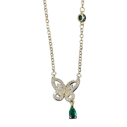 Butterfly Necklace For Women With Copper Pendant And Rhinestone Inlay On Cable Chain