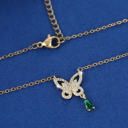 Butterfly Necklace For Women With Copper Pendant And Rhinestone Inlay On Cable Chain