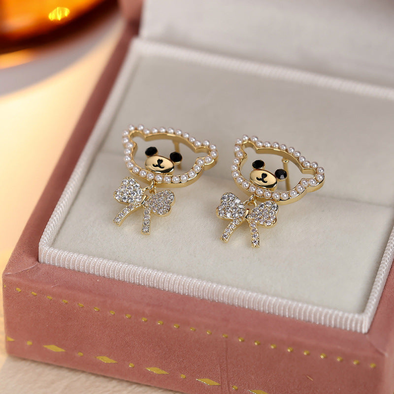 Little Bear Stud Earrings For Women In Gold Copper With Sweet Style Featuring Zircon Inlay
