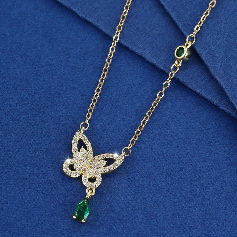 Butterfly Necklace For Women With Copper Pendant And Rhinestone Inlay On Cable Chain