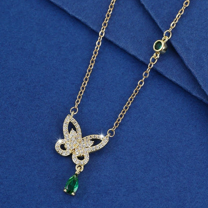 Butterfly Necklace For Women With Copper Pendant And Rhinestone Inlay On Cable Chain