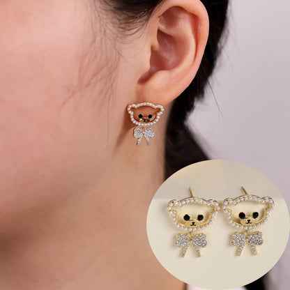 Little Bear Stud Earrings For Women In Gold Copper With Sweet Style Featuring Zircon Inlay