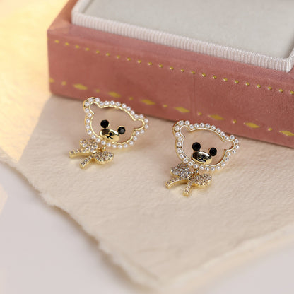 Little Bear Stud Earrings For Women In Gold Copper With Sweet Style Featuring Zircon Inlay