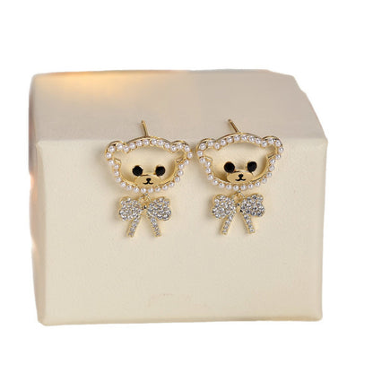 Little Bear Stud Earrings For Women In Gold Copper With Sweet Style Featuring Zircon Inlay