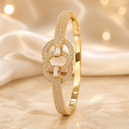 Double Ring Copper Bangle With Zircon Inlay, Electroplated Gold Plating, Elegant Gold Finish