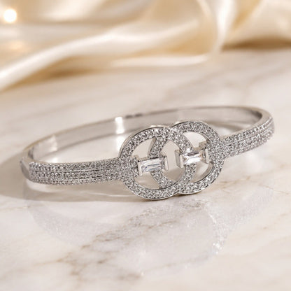 Double Ring Copper Bangle With Zircon Inlay, Electroplated Gold Plating, Elegant Gold Finish