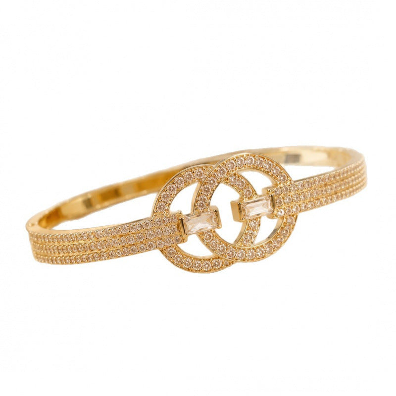 Double Ring Copper Bangle With Zircon Inlay, Electroplated Gold Plating, Elegant Gold Finish