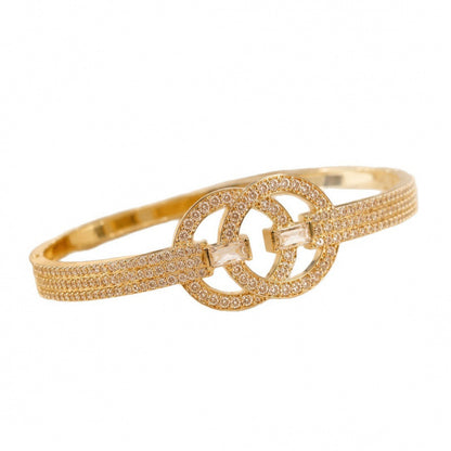Double Ring Copper Bangle With Zircon Inlay, Electroplated Gold Plating, Elegant Gold Finish