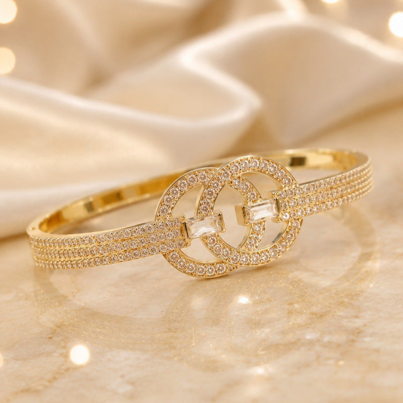 Double Ring Copper Bangle With Zircon Inlay, Electroplated Gold Plating, Elegant Gold Finish
