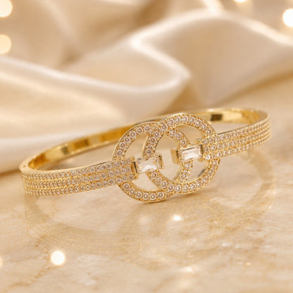 Double Ring Copper Bangle With Zircon Inlay, Electroplated Gold Plating, Elegant Gold Finish
