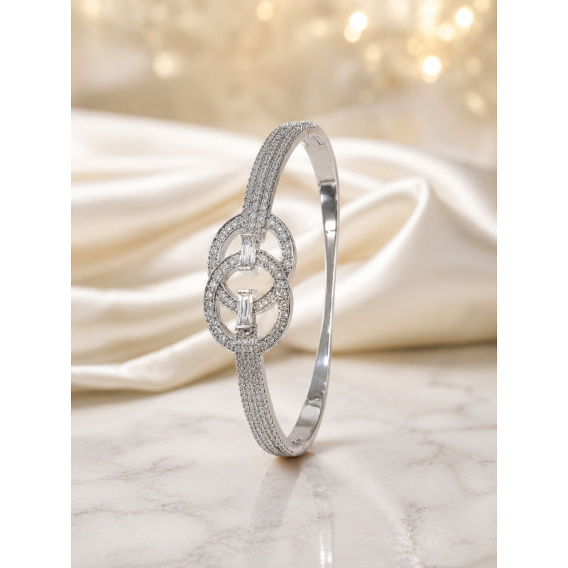 Double Ring Copper Bangle With Zircon Inlay, Electroplated Gold Plating, Elegant Gold Finish