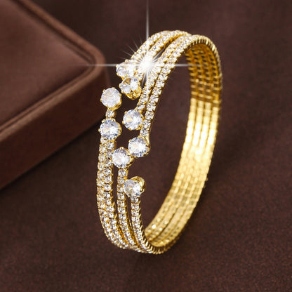 Inlay Bangle Featuring Rhinestones, Copper Material With Gold Electroplated Finish