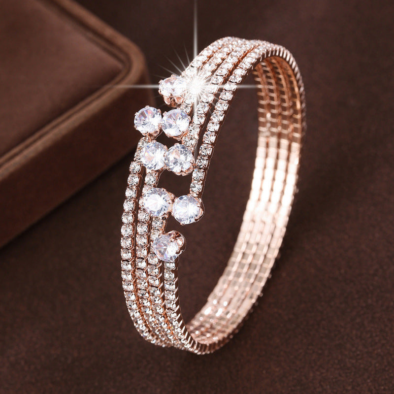 Inlay Bangle Featuring Rhinestones, Copper Material With Gold Electroplated Finish