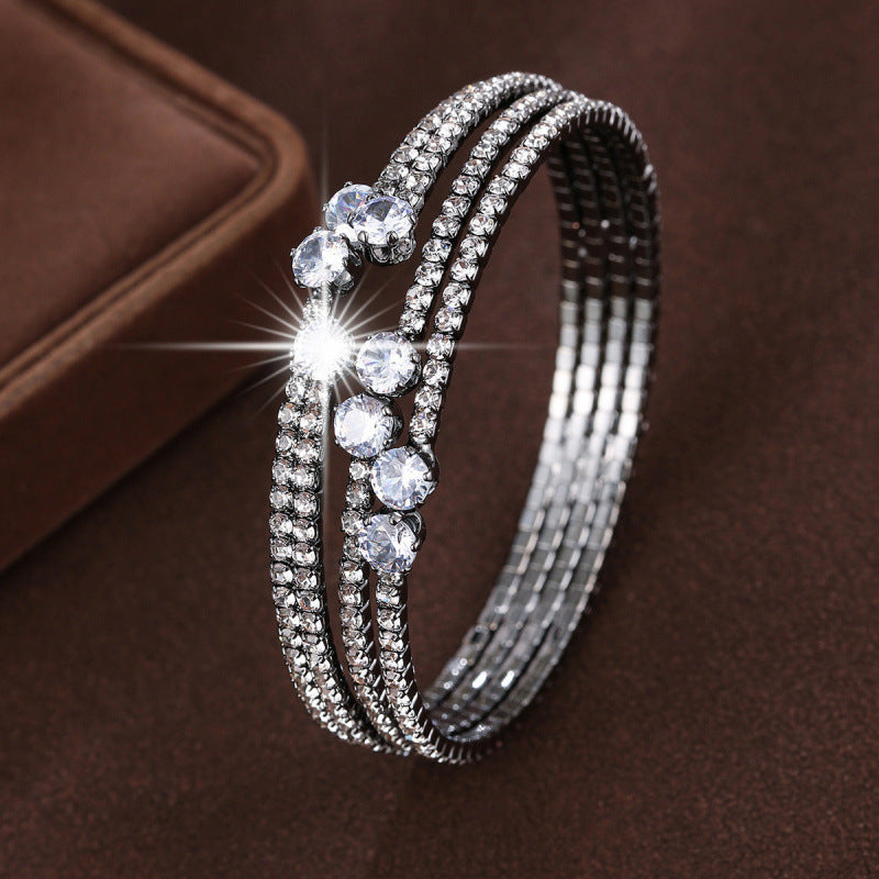 Inlay Bangle Featuring Rhinestones, Copper Material With Gold Electroplated Finish