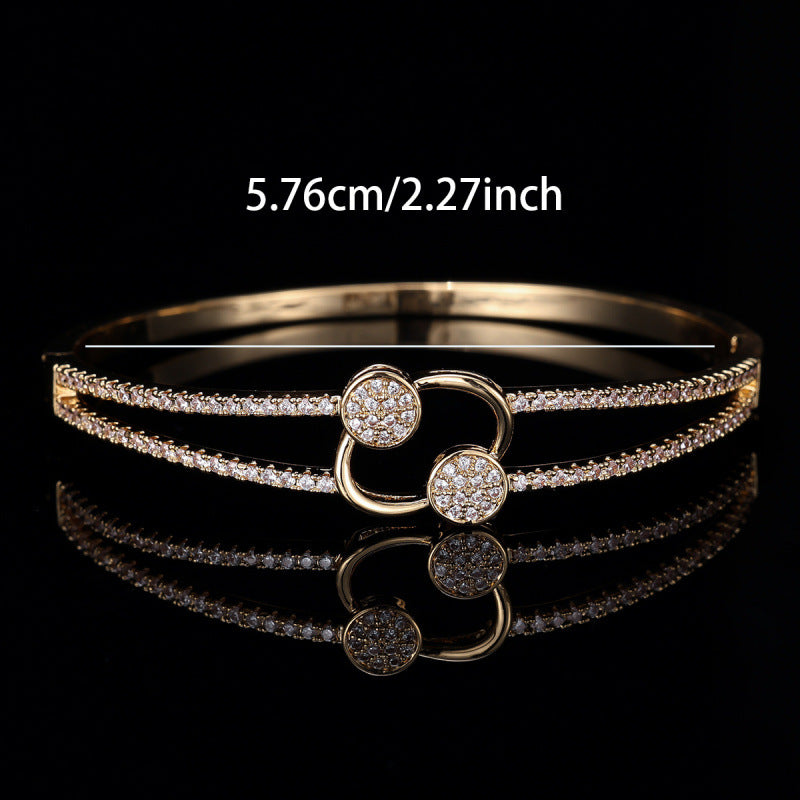 Double Ring Copper Bangle With Silver Plated Inlay And Zircon, Simple Style For Women