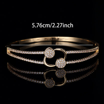 Double Ring Copper Bangle With Silver Plated Inlay And Zircon, Simple Style For Women
