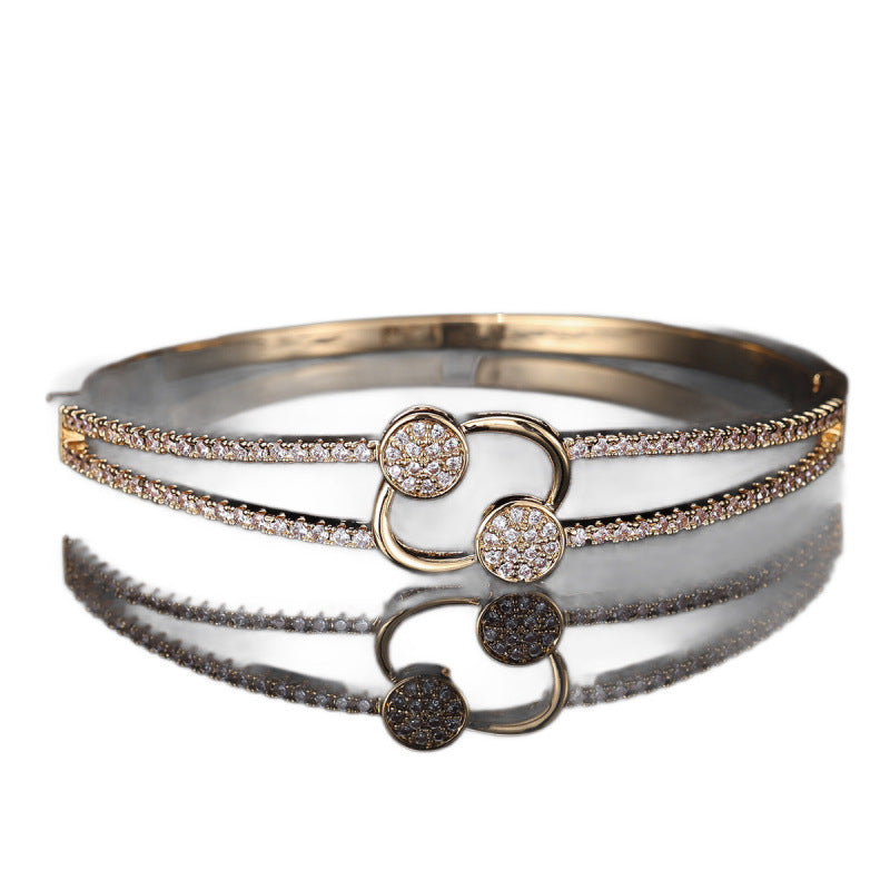 Double Ring Copper Bangle With Silver Plated Inlay And Zircon, Simple Style For Women