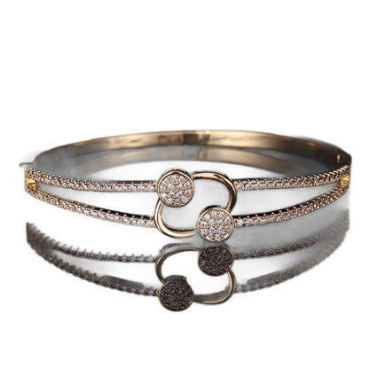 Double Ring Copper Bangle With Silver Plated Inlay And Zircon, Simple Style For Women