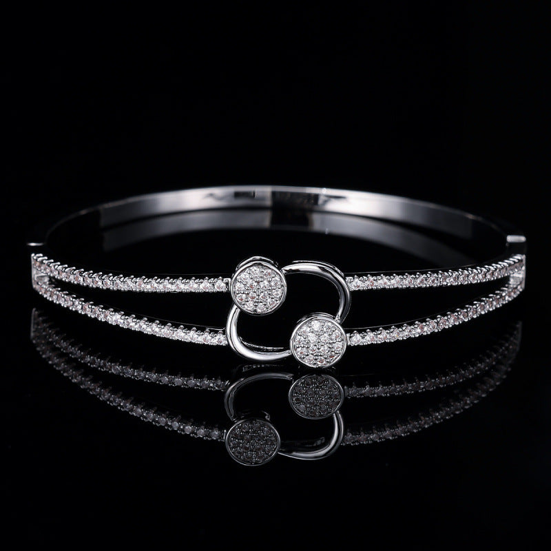 Double Ring Copper Bangle With Silver Plated Inlay And Zircon, Simple Style For Women