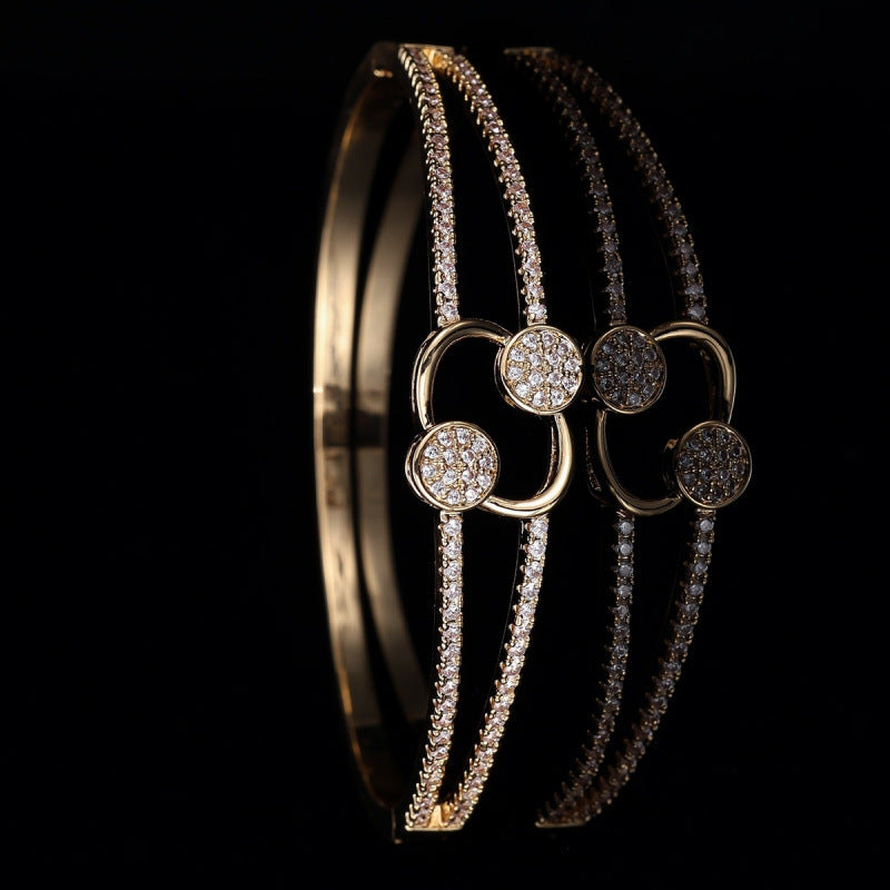 Double Ring Copper Bangle With Silver Plated Inlay And Zircon, Simple Style For Women