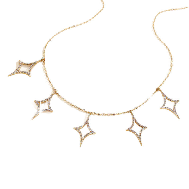 Rhombus Necklace For Women In Electroplated Copper With Rhinestone Inlay, 1 Set Jewelry Set