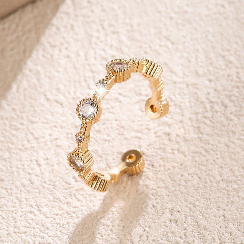 Geometric Open Ring For Women In Simple Style With Bezel Setting, Electroplated Copper And Zircon Inlay
