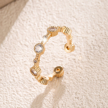 Geometric Open Ring For Women In Simple Style With Bezel Setting, Electroplated Copper And Zircon Inlay