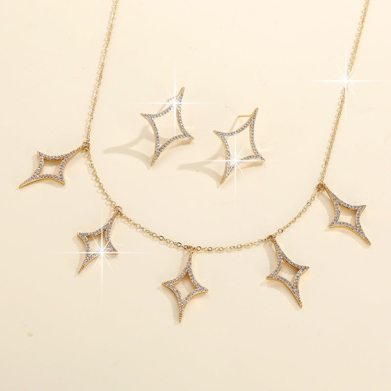 Rhombus Necklace For Women In Electroplated Copper With Rhinestone Inlay, 1 Set Jewelry Set