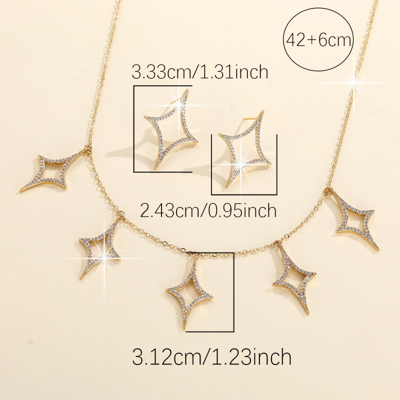 Rhombus Necklace For Women In Electroplated Copper With Rhinestone Inlay, 1 Set Jewelry Set