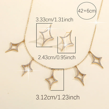 Rhombus Necklace For Women In Electroplated Copper With Rhinestone Inlay, 1 Set Jewelry Set