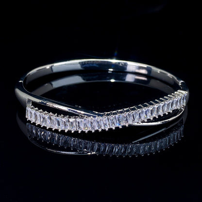 Simple Style Curve Copper Bangle With Zirconia Inlay For Women