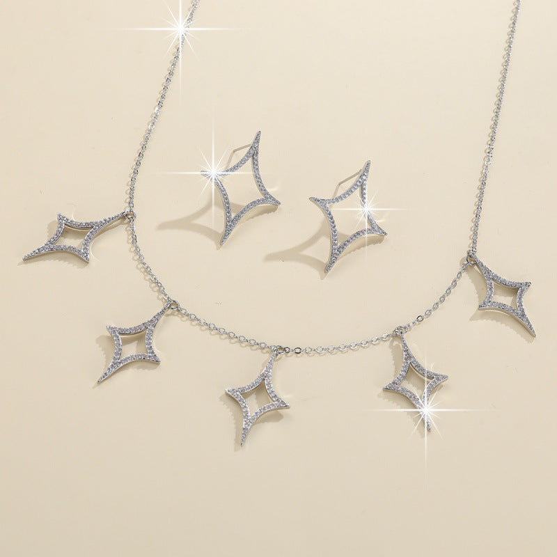 Rhombus Necklace For Women In Electroplated Copper With Rhinestone Inlay, 1 Set Jewelry Set