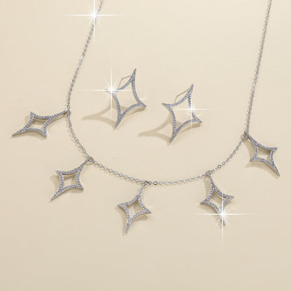 Rhombus Necklace For Women In Electroplated Copper With Rhinestone Inlay, 1 Set Jewelry Set