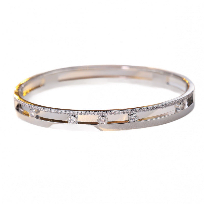 Simple Style Copper Bangle For Women With Zircon Inlay Featuring Elegant Lines Design