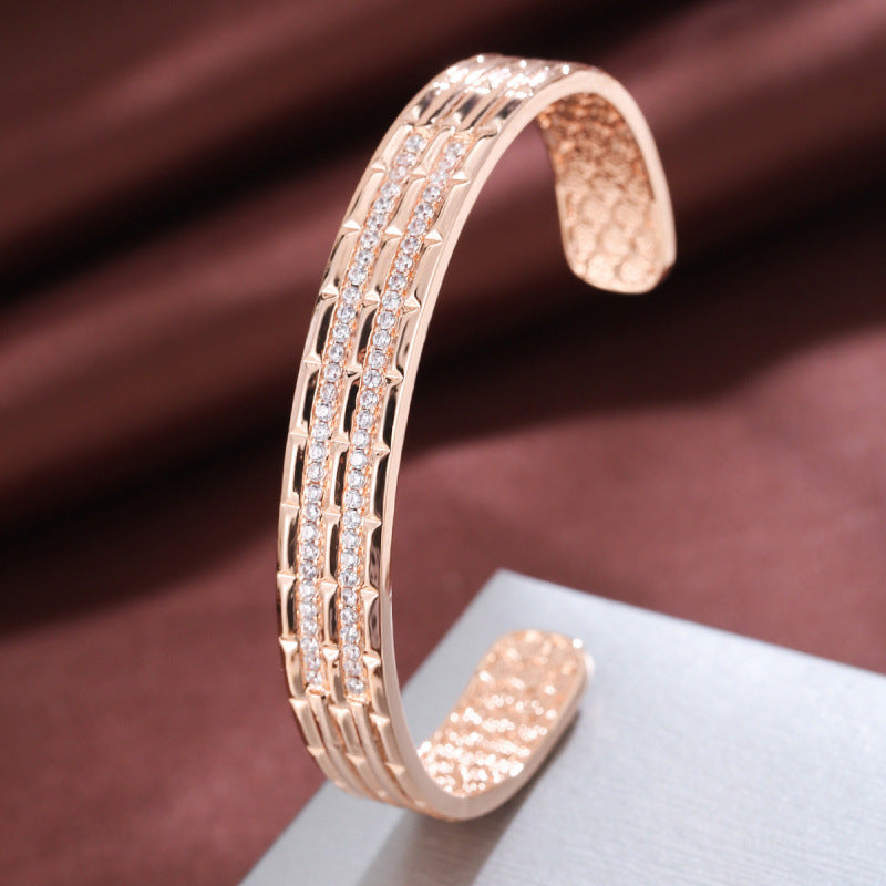 Women’s Copper Bangle With Zircon Inlay, Electroplated Gold Plating