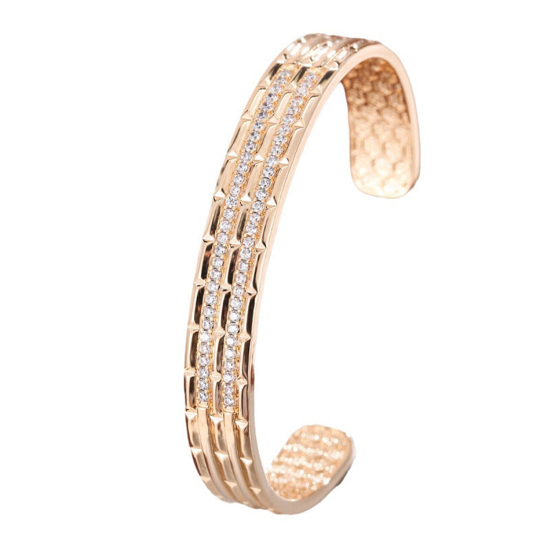 Women’s Copper Bangle With Zircon Inlay, Electroplated Gold Plating