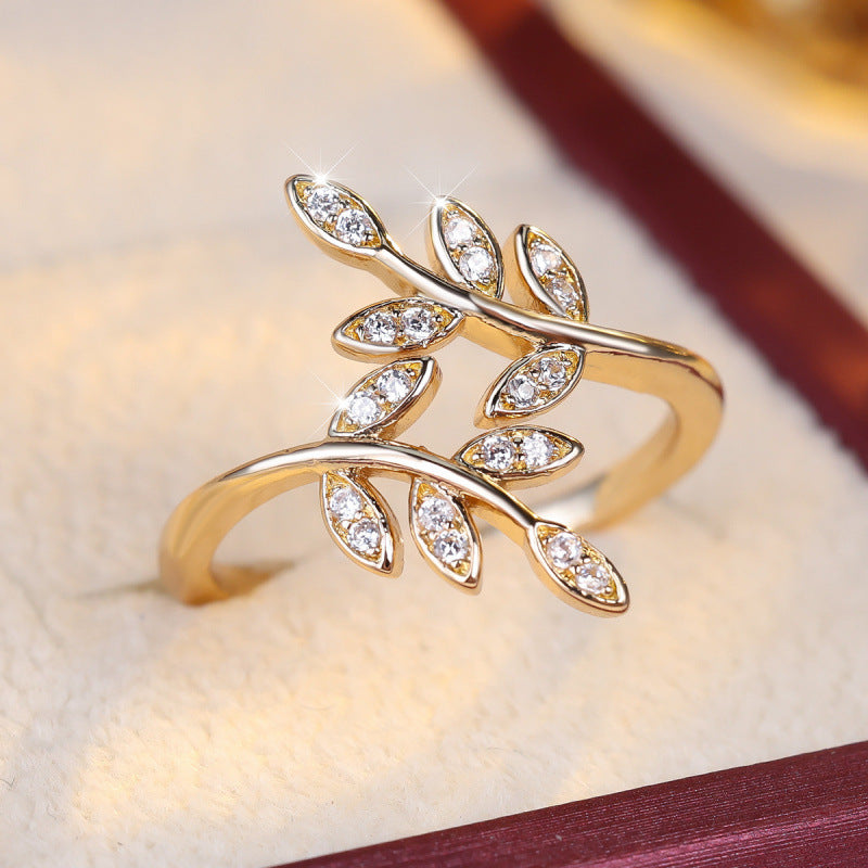 Elegant Leaf Open Ring For Women In Gold Copper With Zircon Inlay