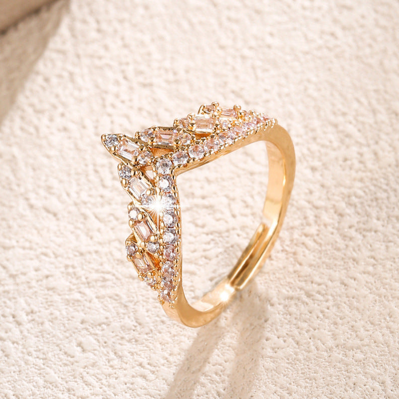 Geometric Open Ring For Women In Copper With Zircon Inlay, Gold Finish, Perfect For Engagement