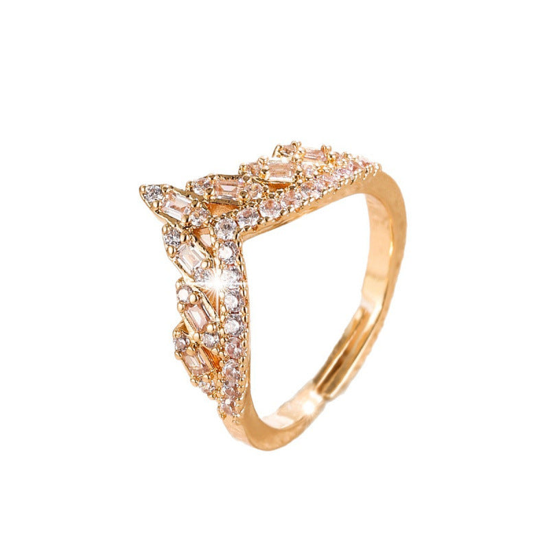 Geometric Open Ring For Women In Copper With Zircon Inlay, Gold Finish, Perfect For Engagement