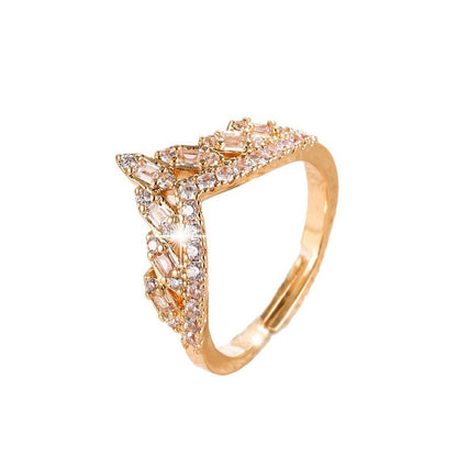 Geometric Open Ring For Women In Copper With Zircon Inlay, Gold Finish, Perfect For Engagement