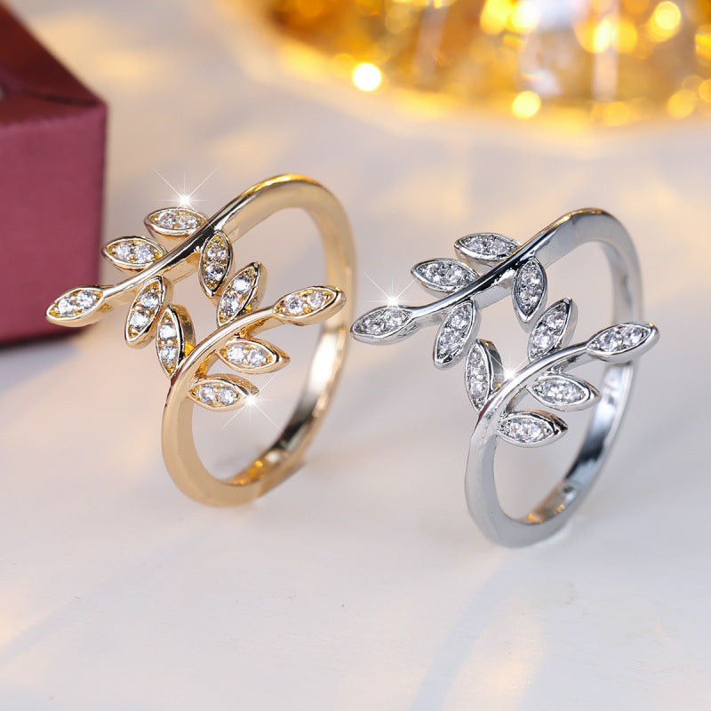 Elegant Leaf Open Ring For Women In Gold Copper With Zircon Inlay