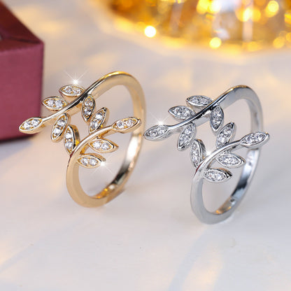 Elegant Leaf Open Ring For Women In Gold Copper With Zircon Inlay